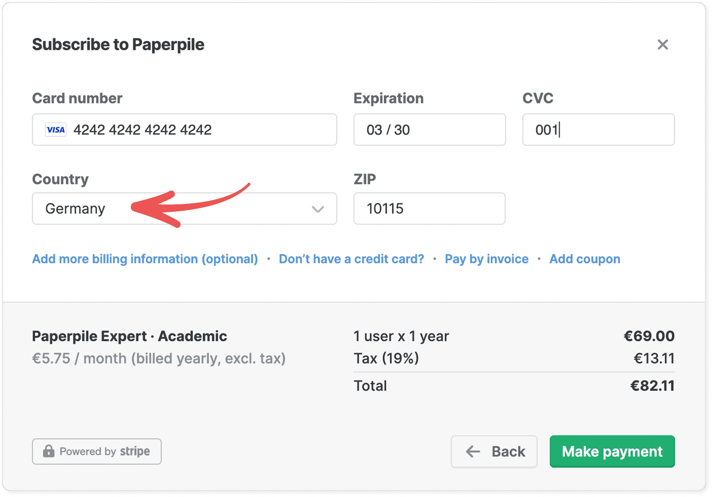 The “Subscribe to Paperpile” checkout with a red arrow pointing to the Country selector set to Germany beside a ZIP field, and a price summary showing €69.00 plus 19% tax for a total of €82.11.